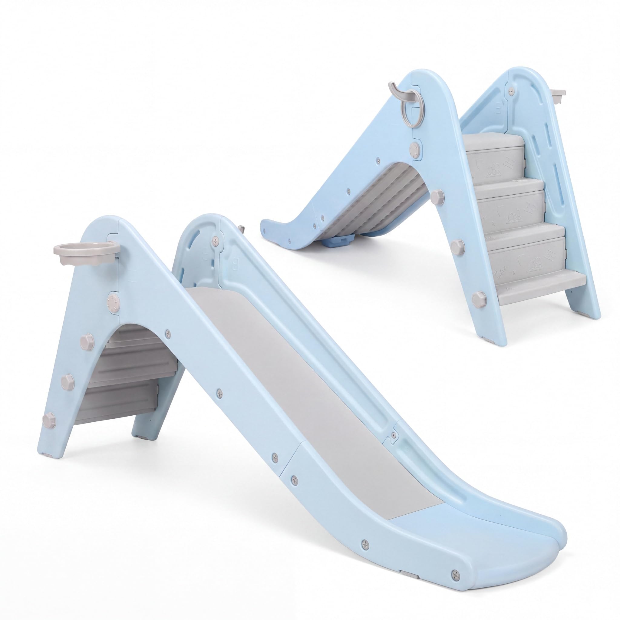 Scivolo per Bambini con Canestro da Basket, 190cm Scivolo per Bambini da Casa Interno, Plastica Scivolo da Giardino con Maniglie e Scale, Scivolo Bambini 1 Anno da Interno ed Esterno, Blu-Grigio