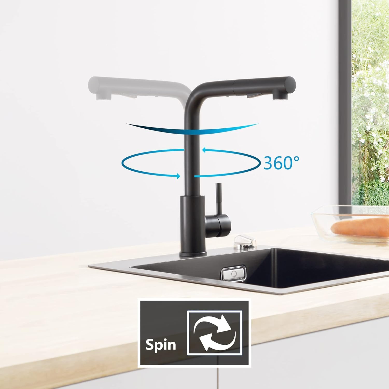 CECIPA Rubinetto Lavello Cucina Nero con 2 Modalità, Miscelatore Cucina con Doccetta Estraibile, Rubinetto con Beccuccio Girevole a 360°, Acqua Calda e Fredda, Acciaio Inox 304 (Nero)