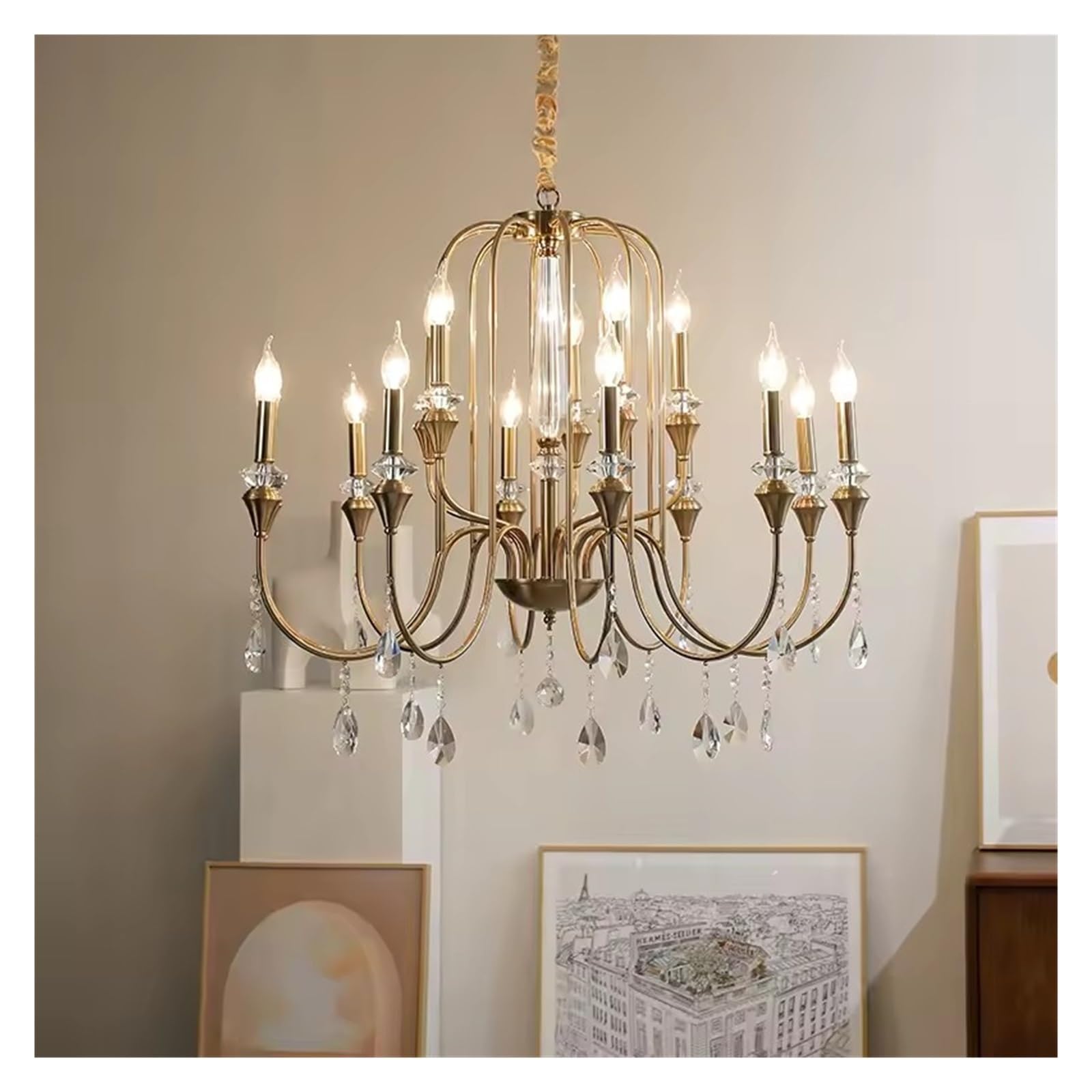 ZTCHSENZT Copper Crystal Chandelier for Living Room Bedroom Dining Room Kitchen Villa Retro Luxury Style Gold Candle Lamp Pendant Light,Cold Light-15 Head