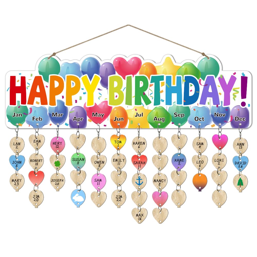 arricraft 1 Set Wooden Family Birthday Reminder Calendar Board, Happy Birthday Balloons Board With 100 Pcs Tags DIY Birthday Tracker Hanging Plaque 12x40cm/4.7x15.5inch for Home Decoration Friends