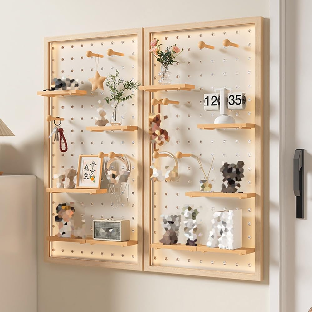 Pegboard Organiser, Holz Ornament Display Peg Board, Wandhalterung Display Stand, Storage Combination Set Mit Dekorativem Brett Holzstäbe Für Home Office Garage(WoodB,65X85X2cm)