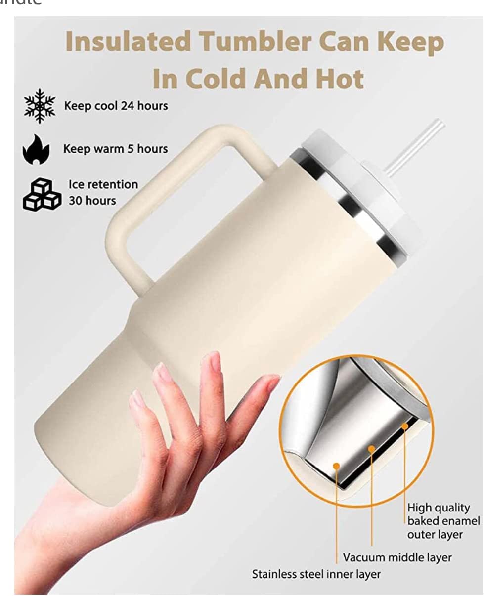 Budget Friendly Stainless Steel Vacuum Insulated 40 oz Tumbler with Handle and Lid with Straw for Water, Iced Tea or Coffee… (Dune)