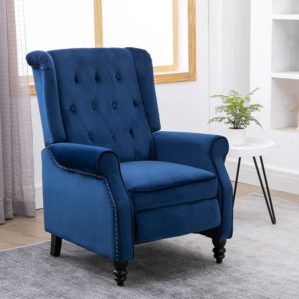 Single Living Room Recliner Chair Navy Blue with Footrest Vintage Wing Back Armchair Velvet Bedroom Adjustable Push Back Reclining Chairs Sofa Chair Fabric Upholstered