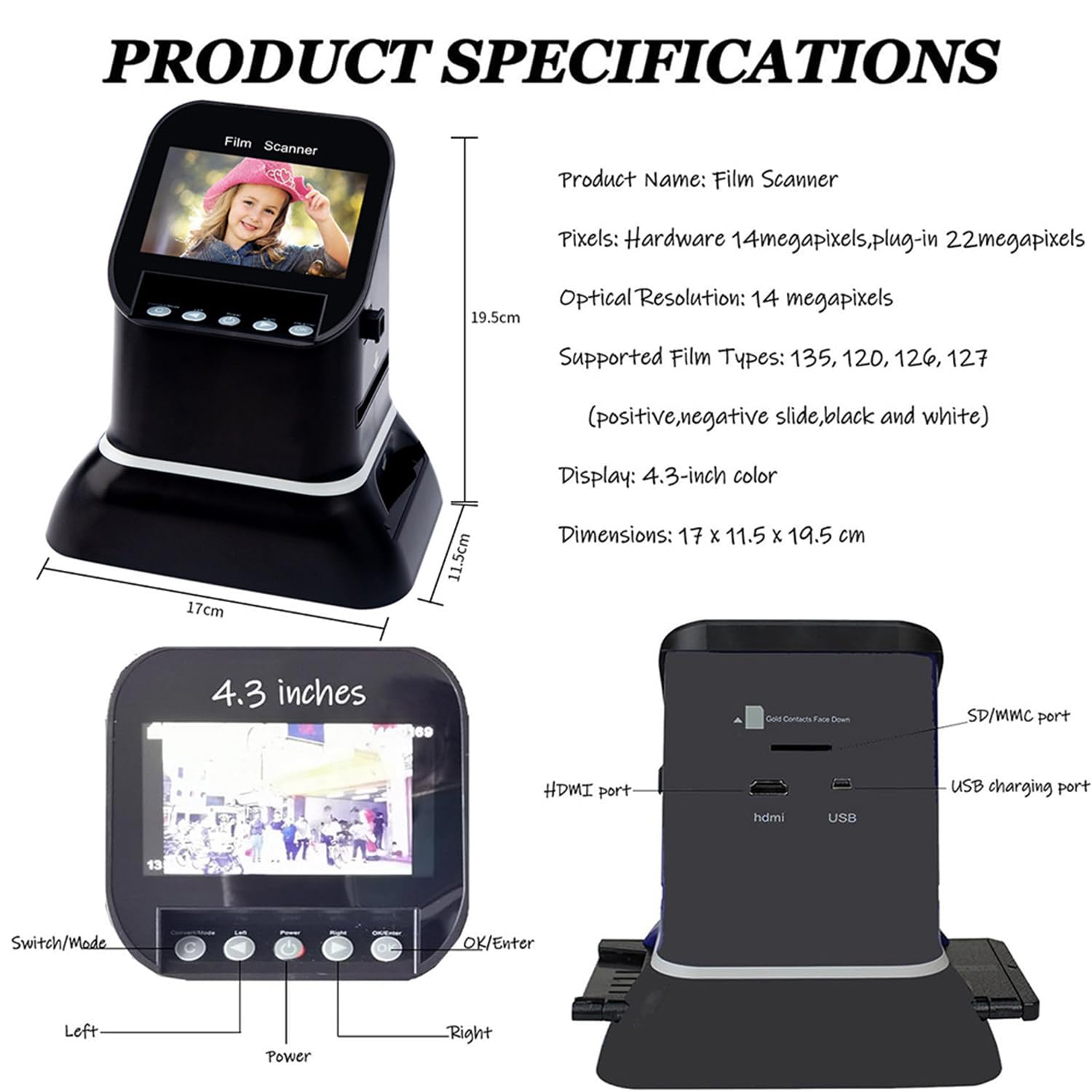 Scanner per Diapositive E Negativi 22 MP, Convertitore Ad Alta Risoluzione con Display 4,3", Scansione Rapida HD per Pellicole 35 Mm/120/126/127 E Vecchie Foto