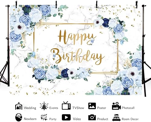 Miniatura 4 de MEHOFOND Telón de fondo de feliz cumpleaños de 8 x 6 pies, flores azules y blancas, fondo de fotografía de cumpleaños, puntos geométricos dorados
