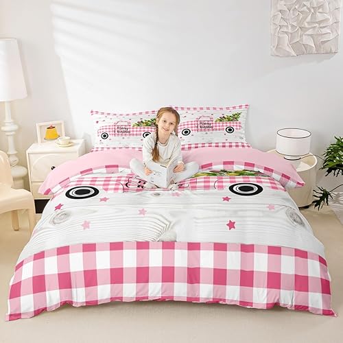 Vista 180 de Juego de funda de edredón rosa de Navidad para niñas, tamaño matrimonial, lindo juego de ropa de cama de dibujos animados de pingüino de Papá Noel