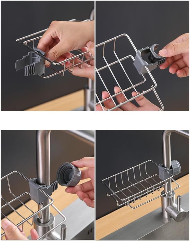 Kyrotech Mutfak Organizeri Tek Kat Demir Raf, Musluğa Klipsli Paslanmaz Çelik Evye Düzenleyici, Delmesiz Kurulum, Açık Drenajlı Süngerlik, Askılı Lavabo İçi Raf, Paslanmaz ve Dayanıklı Evye Organizeri