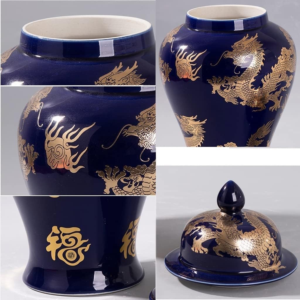Niebieski, złoty, chiński, tradycyjny ceramiczny wazon na imbir w kształcie smoka, do dekoracji wnętrz, duży ceramiczny wazon na imbir z pokrywką, średni biały