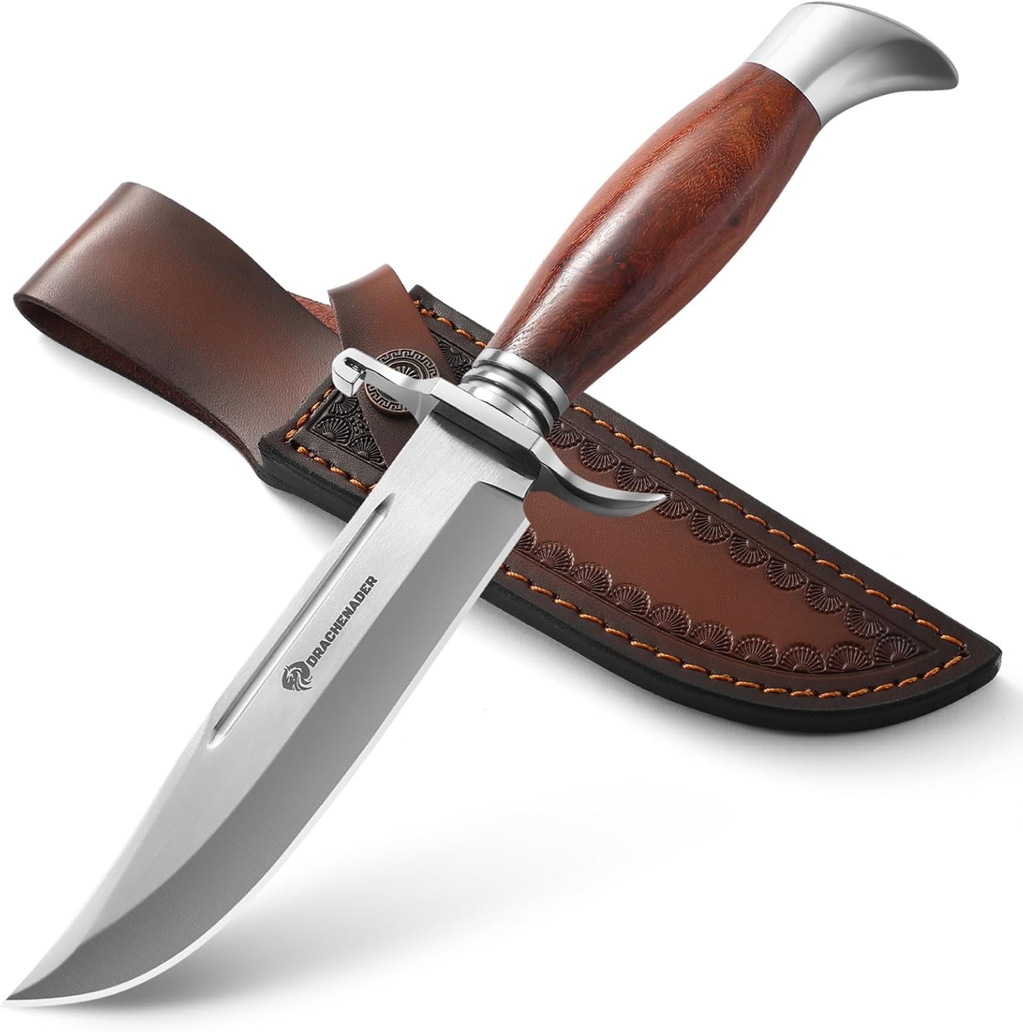 DRACHENADER Bowie Knife, 10.5 Inch Hunting Knife with Sheath, Outdoor Survival Bushcraft Fixed Blade Knife, Comfortable African Rosewood Handle, Incl. Black Gift Box