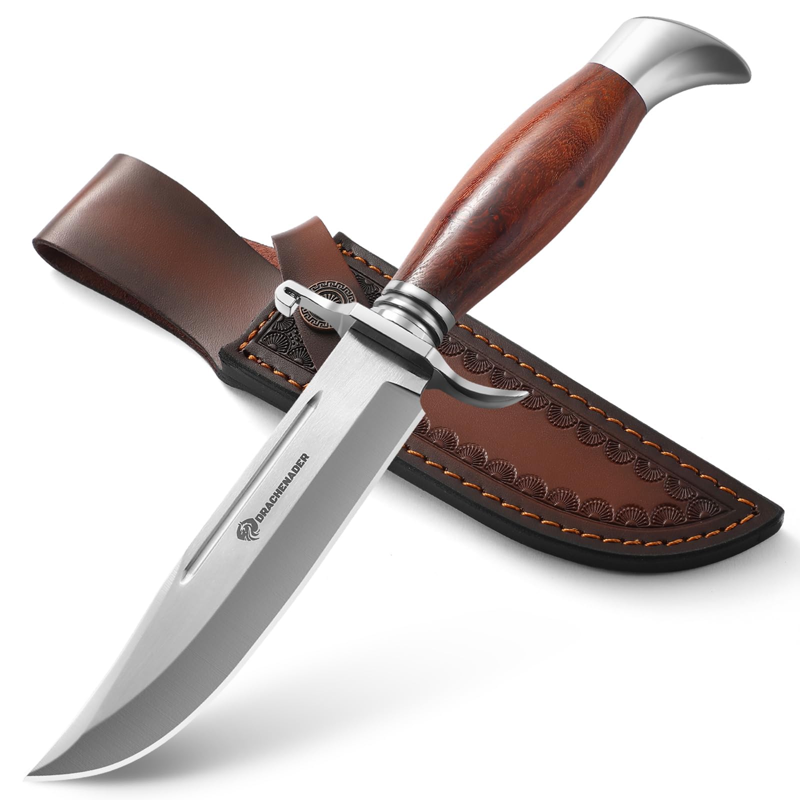 Bowie Knife, 10.5 Inch Hunting Knife with Sheath, Outdoor Survival Bushcraft Fixed Blade Knife, Comfortable African Rosewood Handle, Incl. Black Gift Box