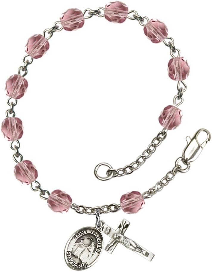 Bonyak Jewelry St. Valentine of Rome Silver Plate Rosary Bracelet 6mm Fire Polished Beads - Every Birth Month Color