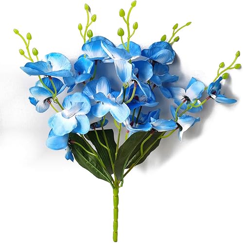 Ramo de flores artificiales de seda de orquídea mariposa artificial para decoración del hogar de boda, 16 pulgadas de alto, color azul