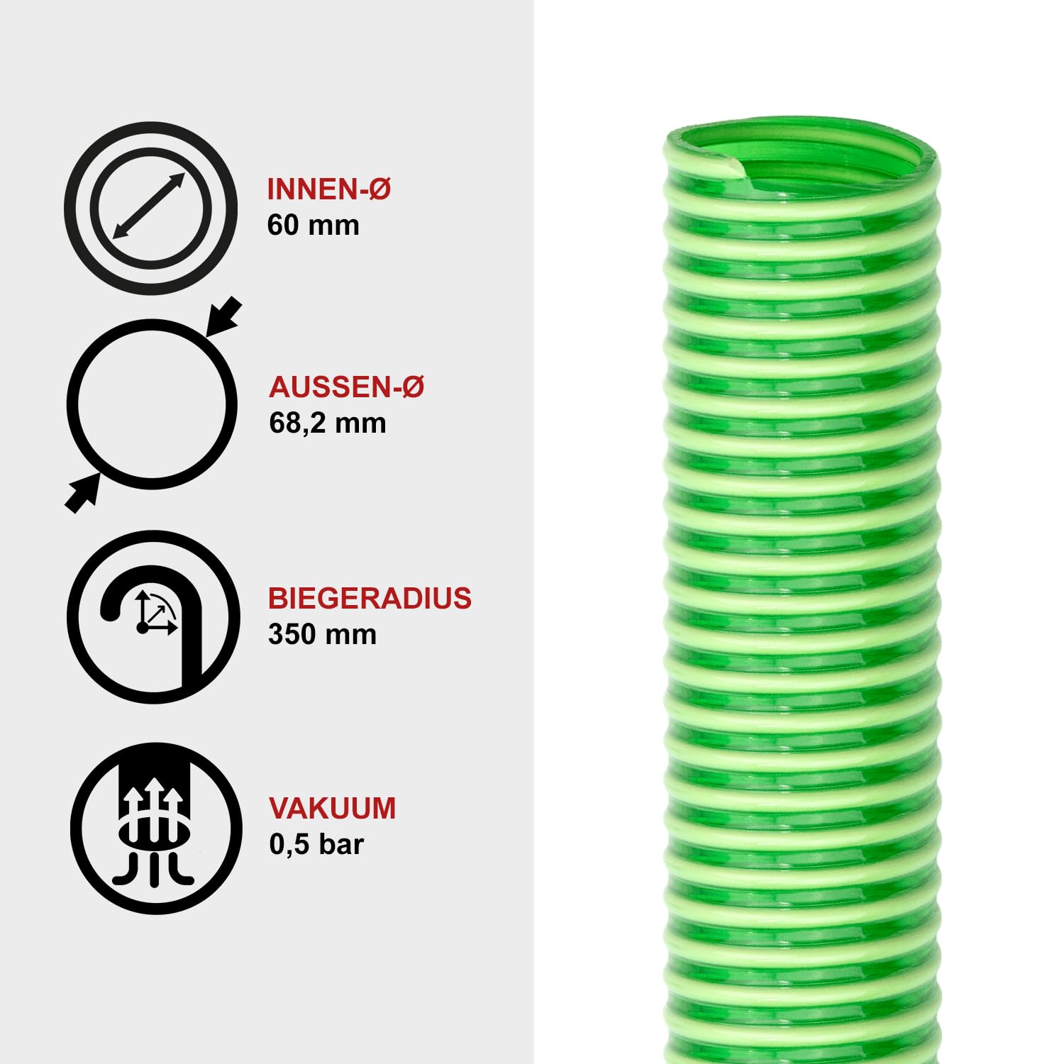 FLEXTUBE GR Ø 60mm Länge 10m PVC Schlauch, Spiralschlauch, Saugschlauch mit Hart PVC Spirale, grün transparent