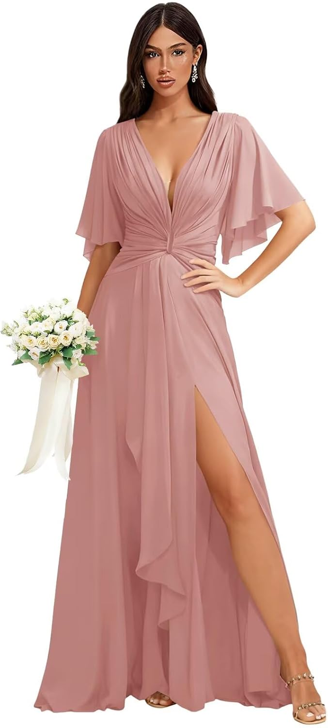 Women's Chiffon Long A Line Bridesmaid Dresses with Slit Short Sleeves Formal Evening Dress