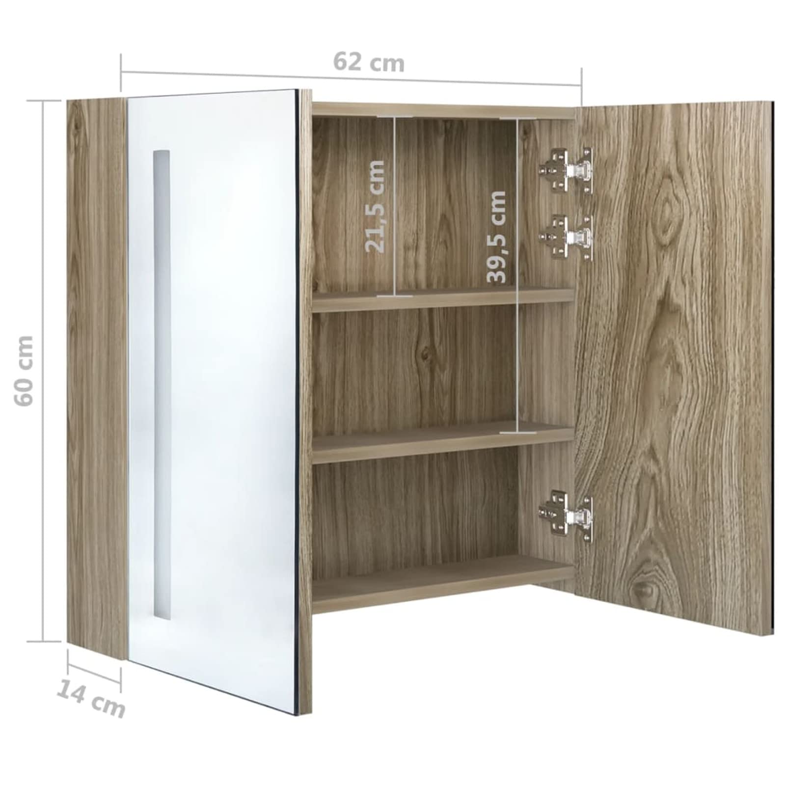 Armario de baño con Espejo y LED Color Roble 62x14x60 cm Almacenaje BañO