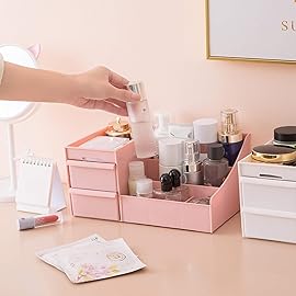 Simbuy Makeup Organizer for Vanity- Bathroom Countertop Cosmetics Organizer with Drawers for Lipstick, Brushes, Lotions, Eyeshadow, Nail Polish and Jewelry (Pink)