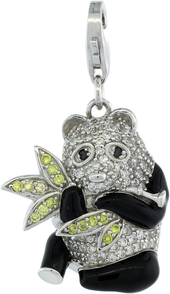Sterling Silver Enamel Black Panda Charm with Lobster Clasp for Bracelets Women Green CZ 15/16 inch