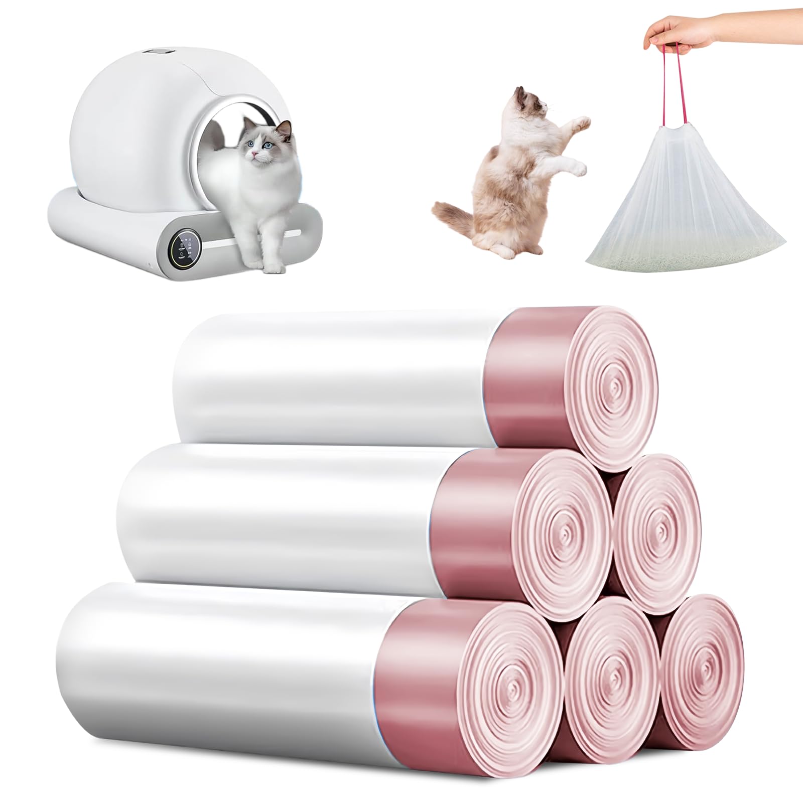 Bolsas de basura con asa: 6 rollos de bolsas de arena para gatos, bolsa para arena para gatos, bolsa de recambio para cambio de arena para gatos, 90 unidades, duradera y autolimpiable, color