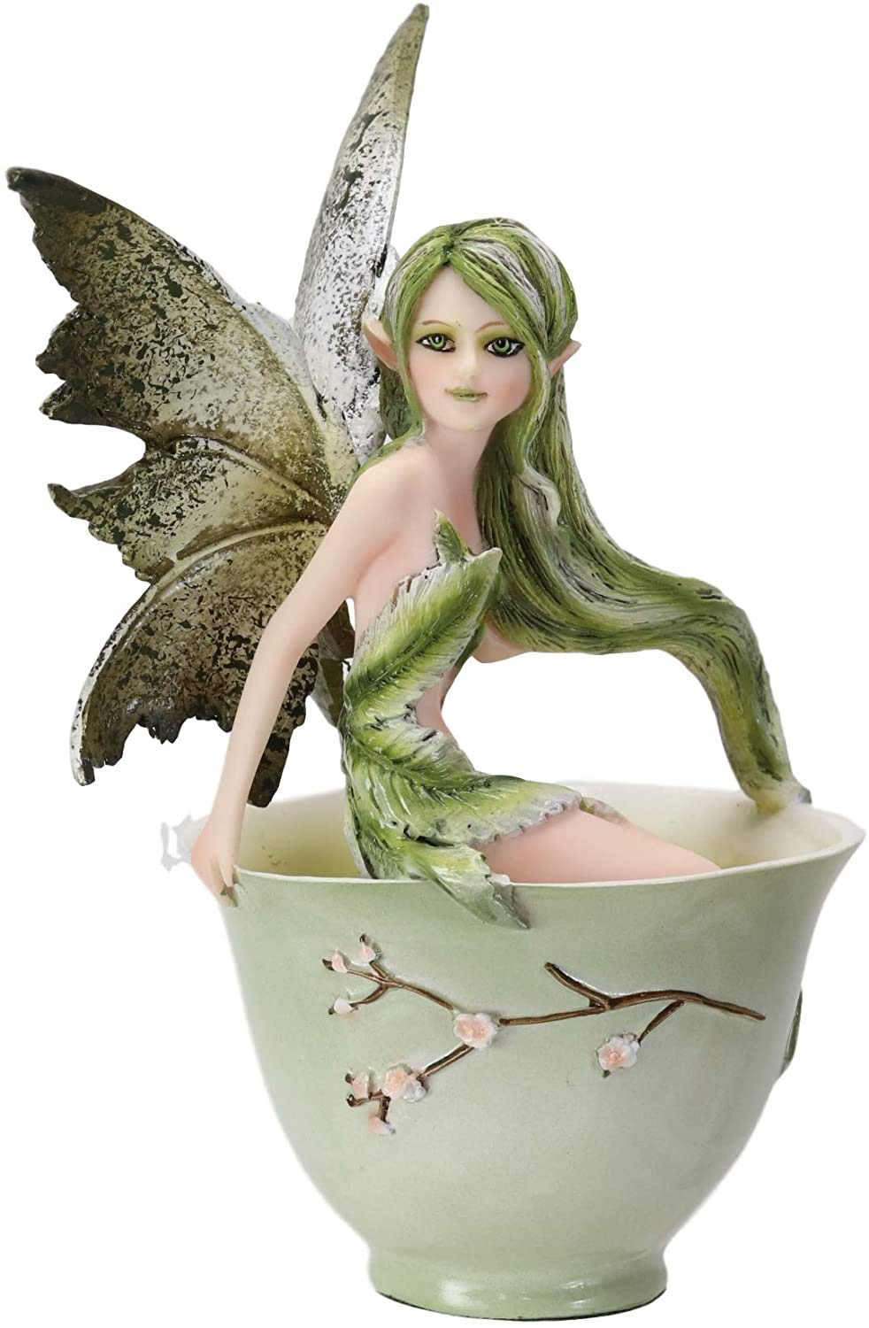 Ebros Gift Amy Brown Teacup Matcha Green Tea Fairy in Cherry Blossom Teacup Figurine Whimsical Faerie Garden Sculpture 6" H Collectible Statue