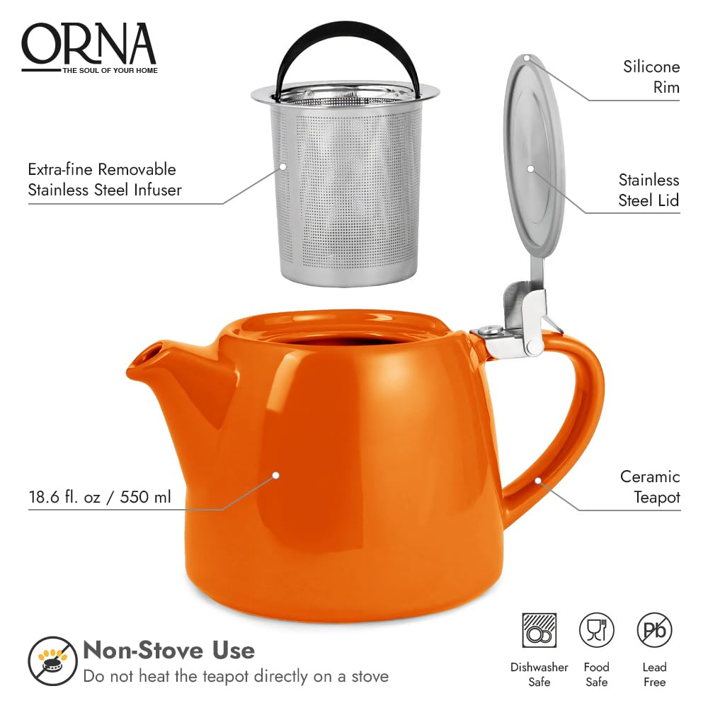 ORNA Théière en céramique avec infuseur et couvercle - Petite théière en porcelaine pour une ou 2 personnes - 550 ml - Orange