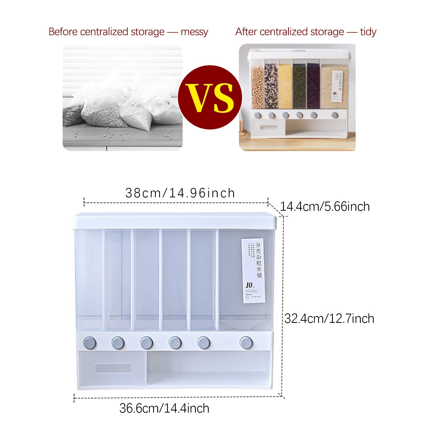 Dispensador De Cereales 6 En 1 Para Cocina Recipiente De Comida Seca Dispensador De Arroz De Encimera Wall-mounted Dry Food Dispenser Para Frutos Secos Granos De Café Alimentos Secos