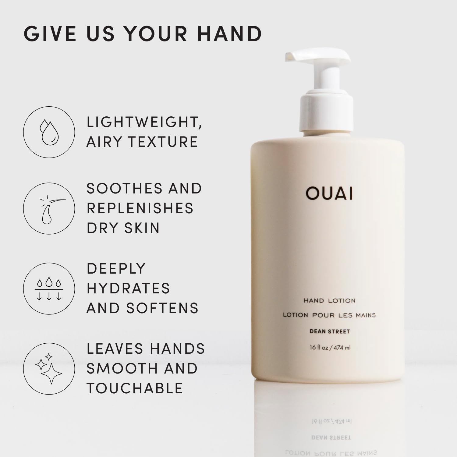 OUAI Handlotion Die perfekte leichte Formel, um Ihre trockensten Flecken zu hydratisieren. Hergestellt mit Avocado-, Jojoba- und Hagebuttenölen, um Feuchtigkeit einzuschließen (473 ml)