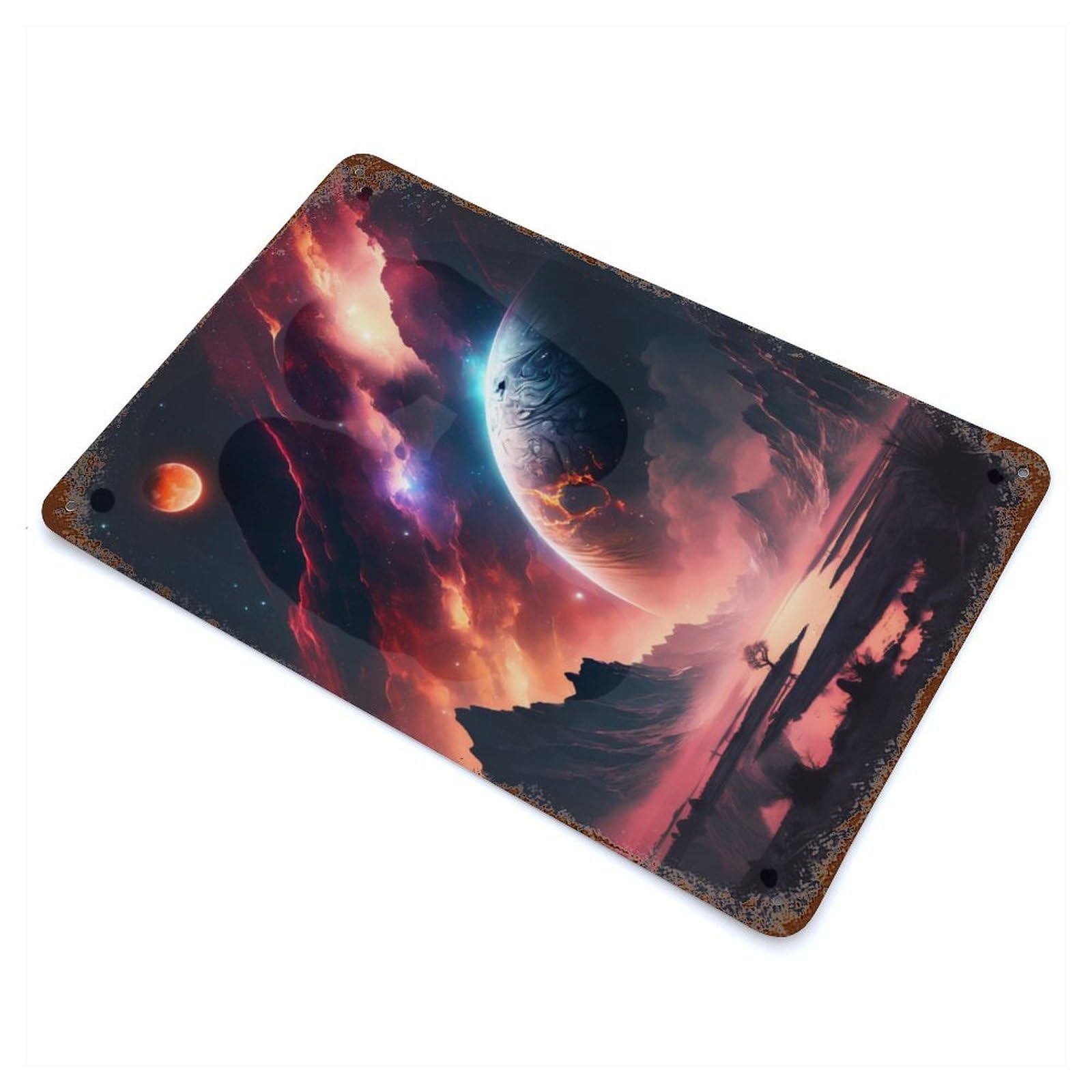 Rust Effect Majestic Nebula Landscape Rustic Tin Plaque 11.8"x7.9", Shabby Chic Decor for Basement, Hobby Room And Garage Decor
