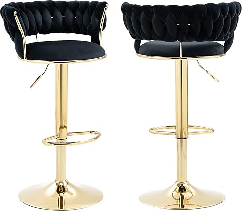 KIVENJAJA Juego de 2 taburetes de bar tejidos de terciopelo, modernos taburetes giratorios de altura ajustable con respaldo y base de metal dorado
