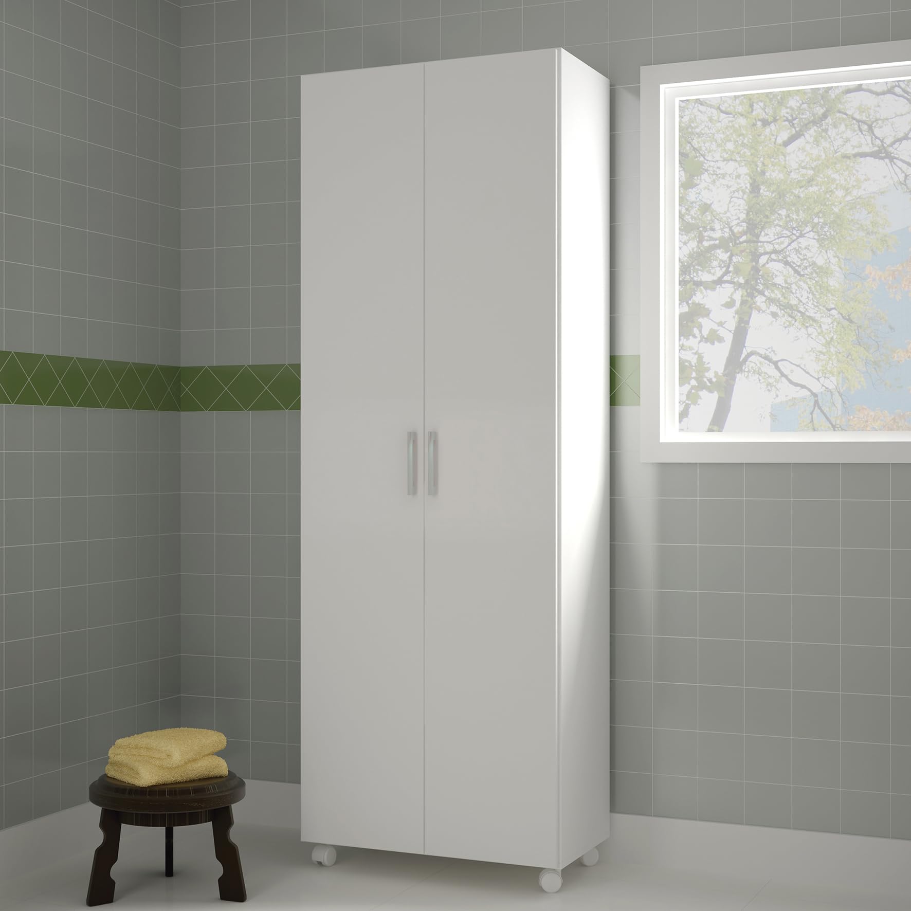 Buyqualia Armario Escobero Multiusos Dos Puertas, Ruedas, Color Blanco (Alto 183 / Ancho 72 / Fondo 41) Cm