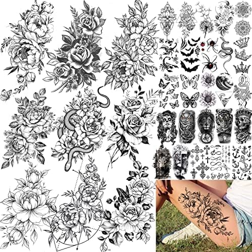 Rejaski 34 Sheets Large Rose Peony Temporary Tattoos For Women Thigh Half Arm Sleeve, Girls Temp Body Art Waterproof Tattoos Adults 3D Black Butterfly Floral, Fake Tattoos That Look Real and Last Long
