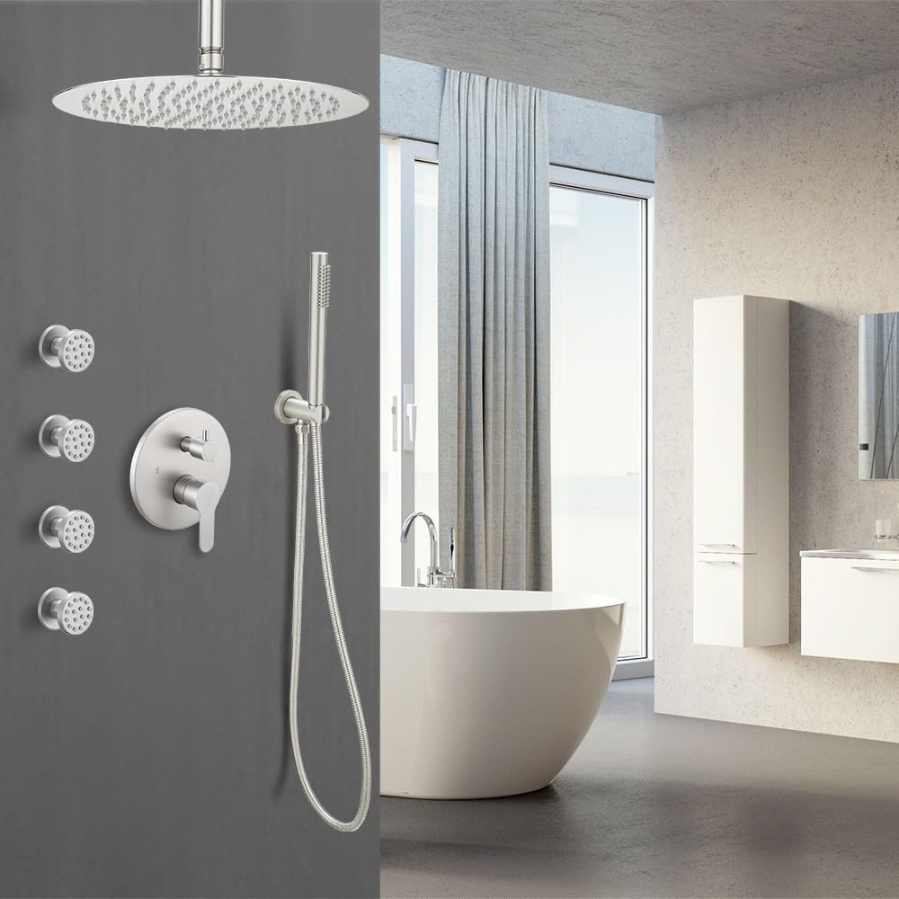 Brushed Nickel Round Shower Faucet Set with Body Jets 10 Inch Shower Head Handheld Shower Combo Set High Pressure Ceiling Mount with Rough-in Valve