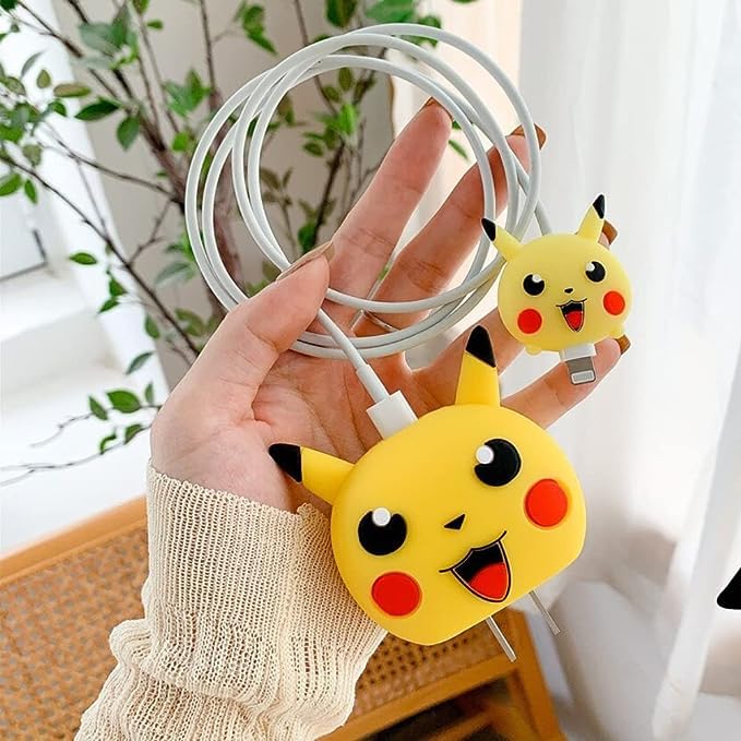 MissbySilicone Protective Case for Apple 20W & 18W iPhone USB-C Power Adapter Charger and for USB Lightning Cable, 3D Cartoon Case for iPhone Charger 18W/20W Only (Pikaa)