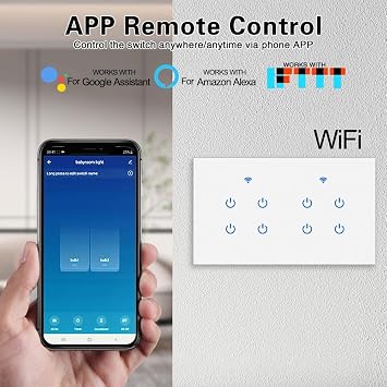 WiFi Smart Touch Switch, Smart Light Switch For Tuya App, WiFi Touch Switches with Wall Light Remote Control, Voice Control With Glass Wall Plate For Home(4 Gang-White)
