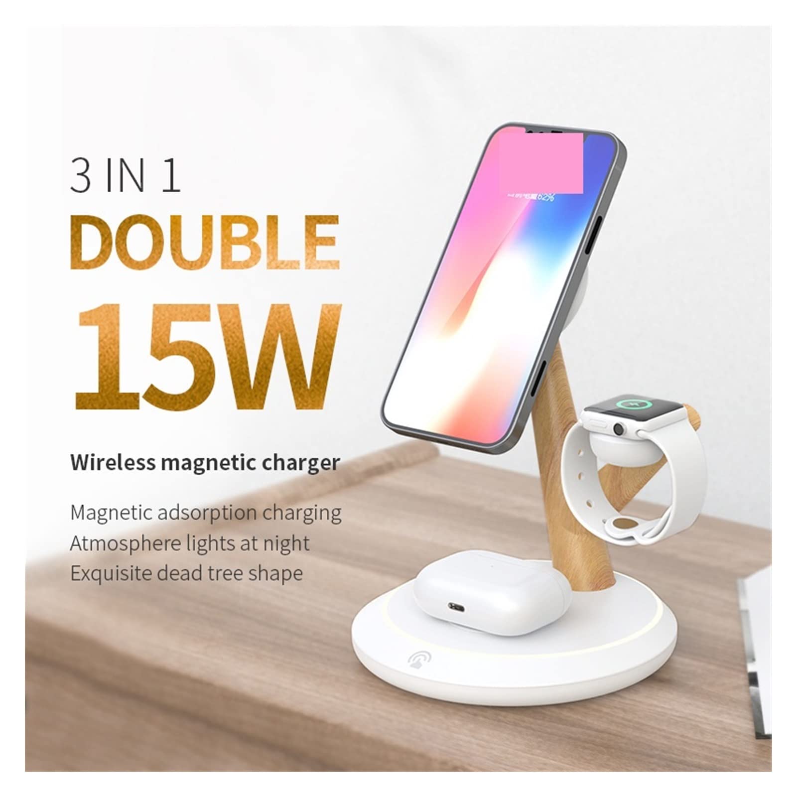 Magnetyczne ładowarki bezprzewodowe do telefonu Lampa 3 w 1 ze stacją ładującą indukcyjną do akcesoriów do zegarków słuchawkowych(Silver)