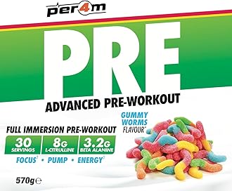 Per4m Pre Workout Powder | Intense Pump, Sustained Energy & Mental Focus | L-Citrulline, Beta Alanine & Caffeine & Added Hydration (570g, Gummy Worms)