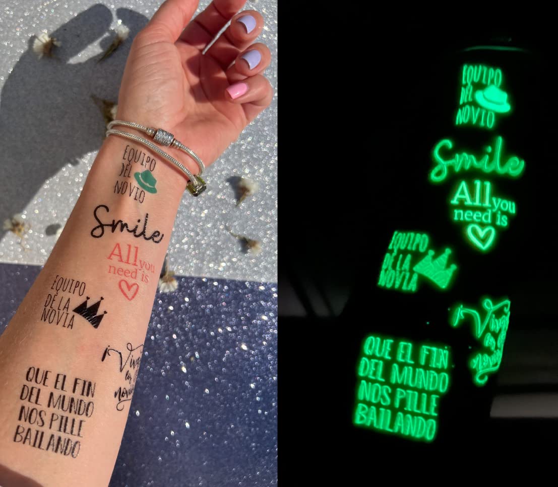 Uvimark - Tatuajes Fluorescentes Para Bodas - 30 Tatuajes Temporales Luminiscentes Para Boda - Calcomanías Para Bodas Con Diseños Variados - Tatuajes Para Bodas