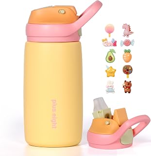 Isolierte Kinder-Wasserflasche mit Strohhalm-Deckel, 350 ml, BPA-frei, doppelwandiger Vakuumbecher, 18/8 Edelstahl, auslaufsicher, hält Getränke 12 Stunden heiß und 24 Stunden kalt, Gelb