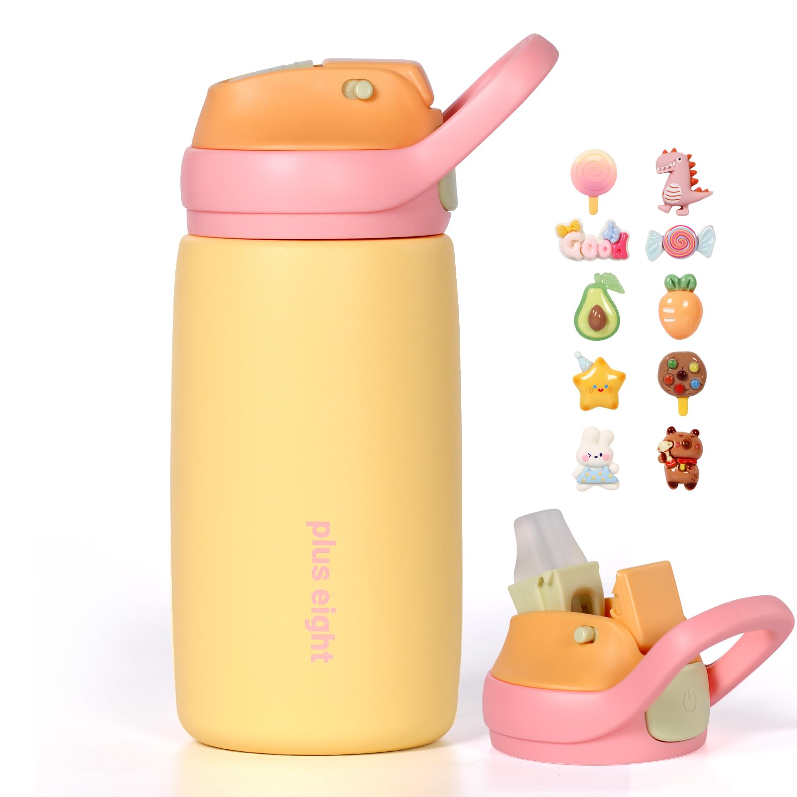 pluseight Kids Insulated Water Bottle with Straw Lid, 350ml BPA-Free Double Wall Vacuum Tumbler 18/8 Stainless Steel Leak Proof Keep Drinks 12h Hot & 18h Cold (Yellow)