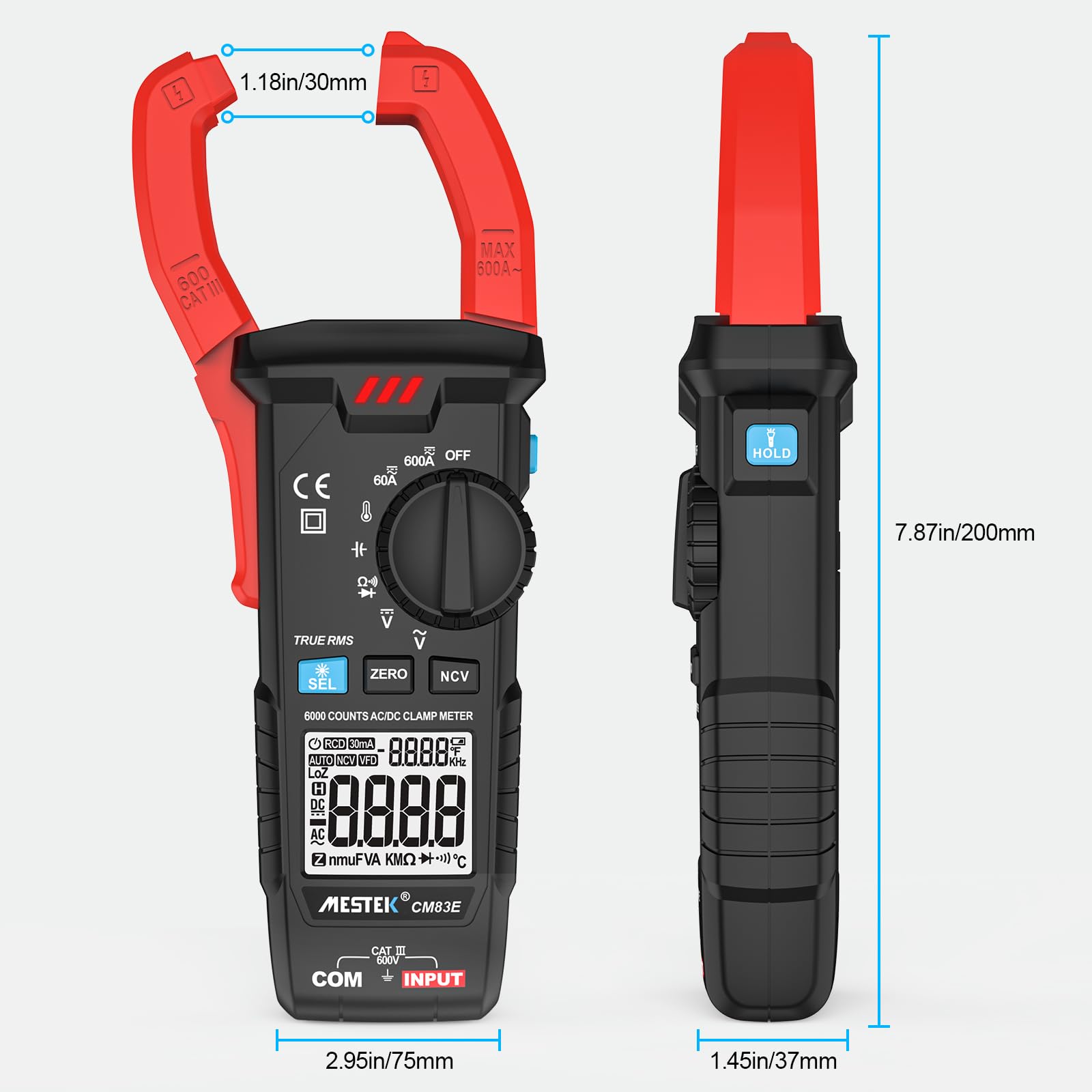 Pinza Amperometrica MESTEK AC/DC Pinza Multimetro Digitale T-RMS Auto-Ranging 6000 Count, Professionale per Misurare Tensione/Corrente CC CA Resistenza Continuità Capacità Diodo Temperatura NCV