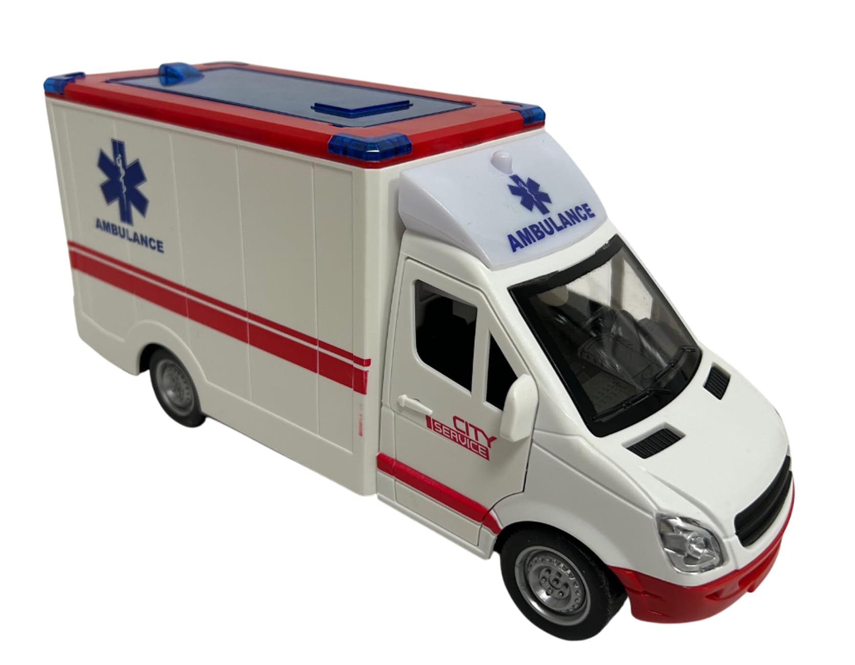 Ambulance Jouet avec Lumières Sons Sirènes Portes et Toit Ouvrables Mouvement Embrayage Grande Échelle 1:16 cm 26 Premiers Soins avec Lumière Sons Civière Amovible Enfants