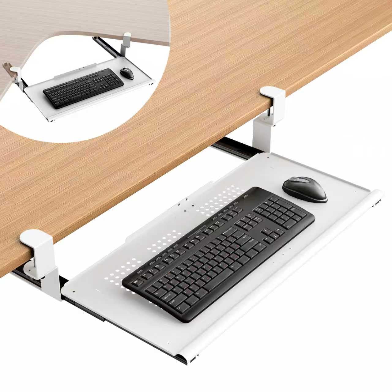 Photo 1 of Strifuture Keyboard Tray Under Desk - Full Metal Slide Out Holder, Rust-Resistant & Scratch-Proof, Double C-Clamps, 26x13" Tray for L Shape/Regular Desks, Standing/Sitting Workstation(White-B)