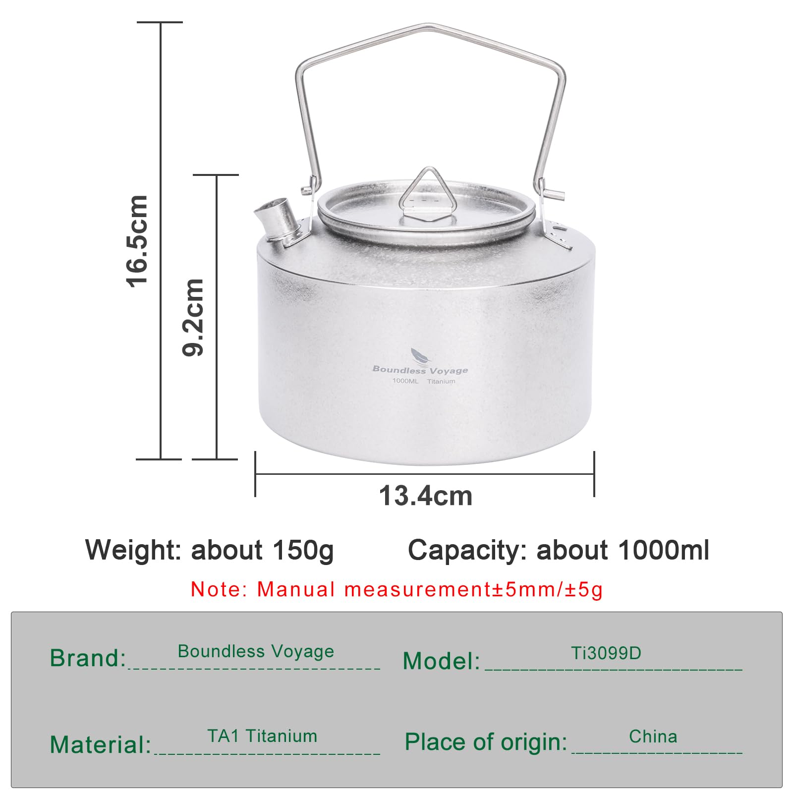 Boundless Voyage Teekanne aus Titan, für Outdoor Camping, ultraleicht große Kapazität Der Titan-Wasserkocher, mit klappbarem Griff, 1L (Silber)