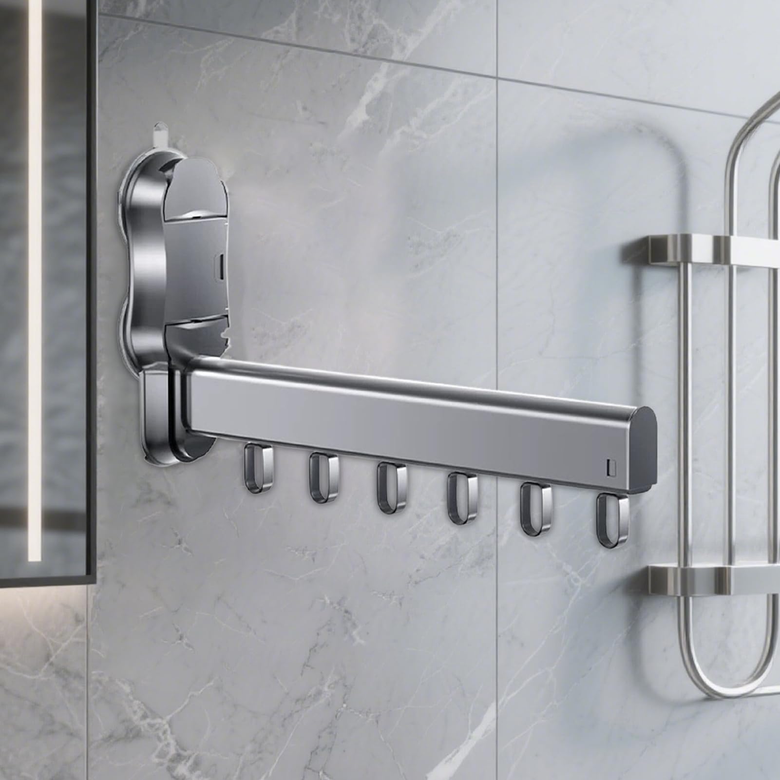Stendibiancheria A Ventosa Da Parete – Pieghevole In Alluminio – Salvaspazio Per Bagno E Balcone – Grigio - 2