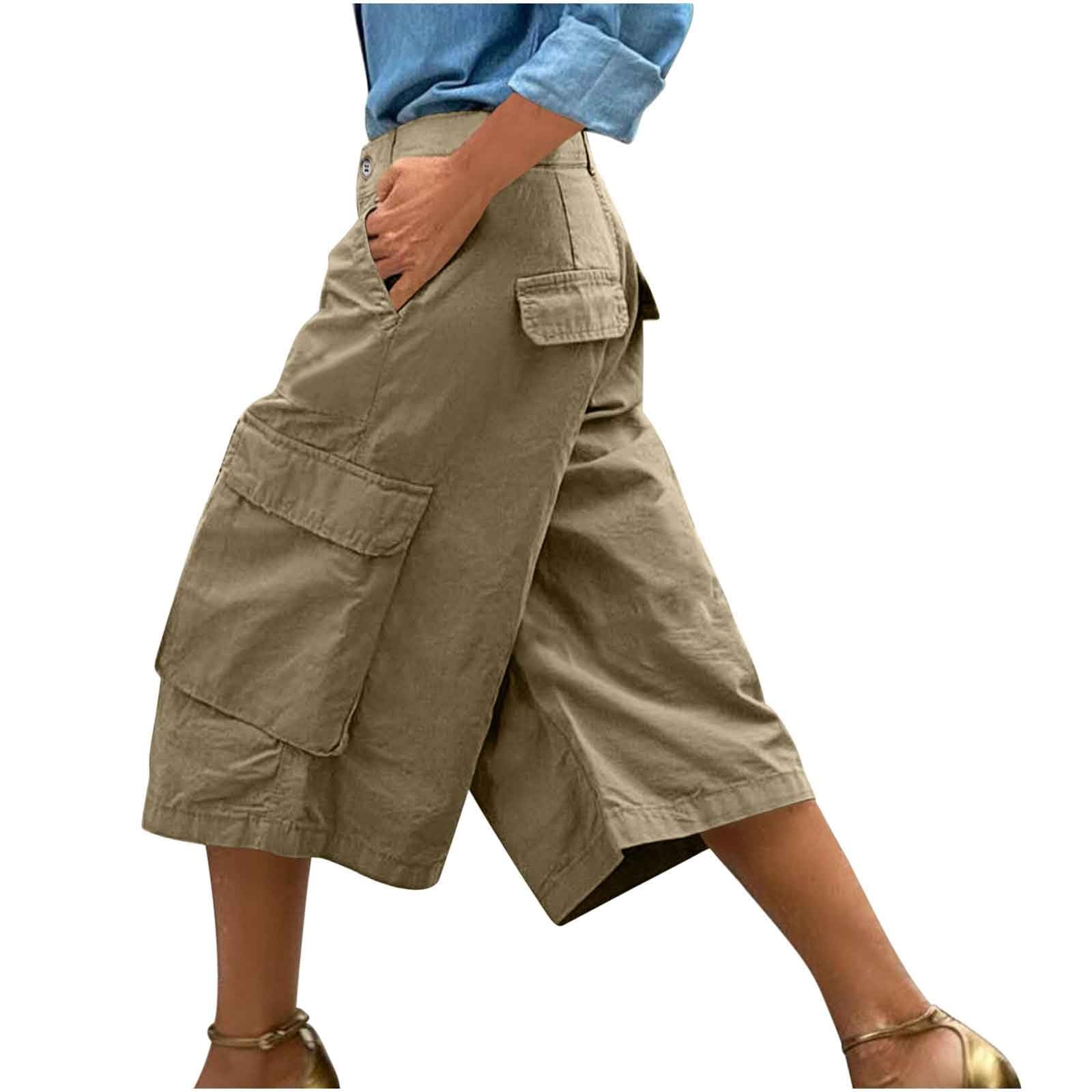 Cargo Capri Pants for Women Wide Leg Stretch High Waisted Vintage Lightweight Quick Dry Baggy Hiking Pants with
