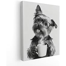 APJYM Funny Yorkshire Terrier Drinking Coffee Wall Art, Trendy Black and White Coffee Lover Wall Art for Home Kitchen Cafe, Yorkshire Terrier Dog Wall Decor, 11x14 Inches Frame