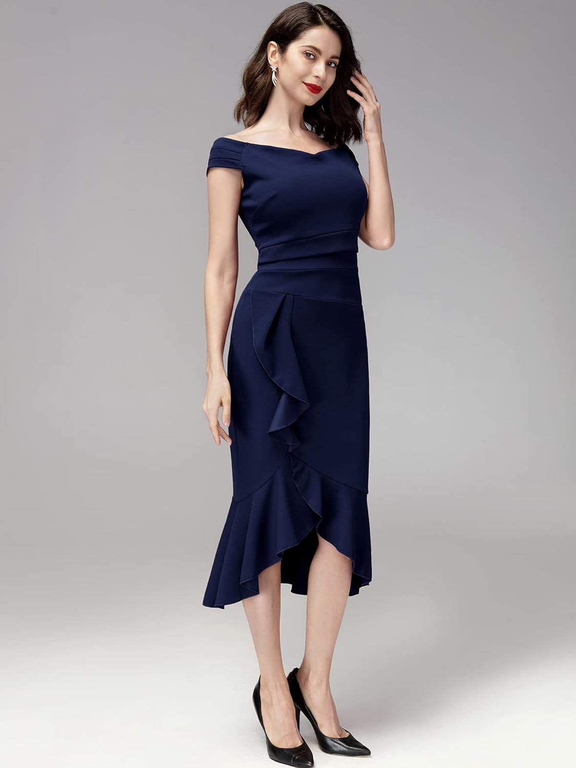 Knitee Women's Off Shoulder V-Neck Ruffle Pleat Waist Bodycon Evening Cocktail Slit Formal Dress - Image 4