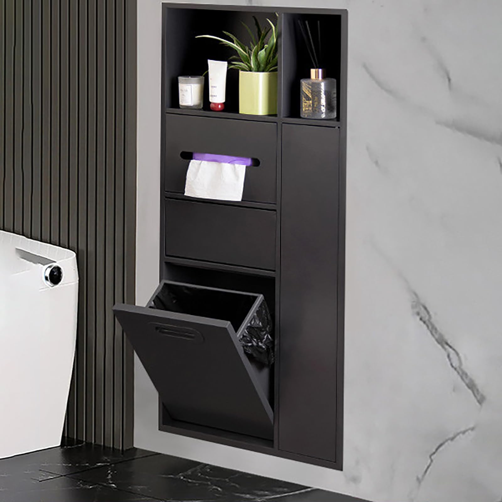 Portarrollos de Papel Higiénico Empotrable con Secador de Manos Automático y Cubo de Basura, Hornacina de Baño en Acero Inoxidable 304 para Reforma de Viviendas(Nero)