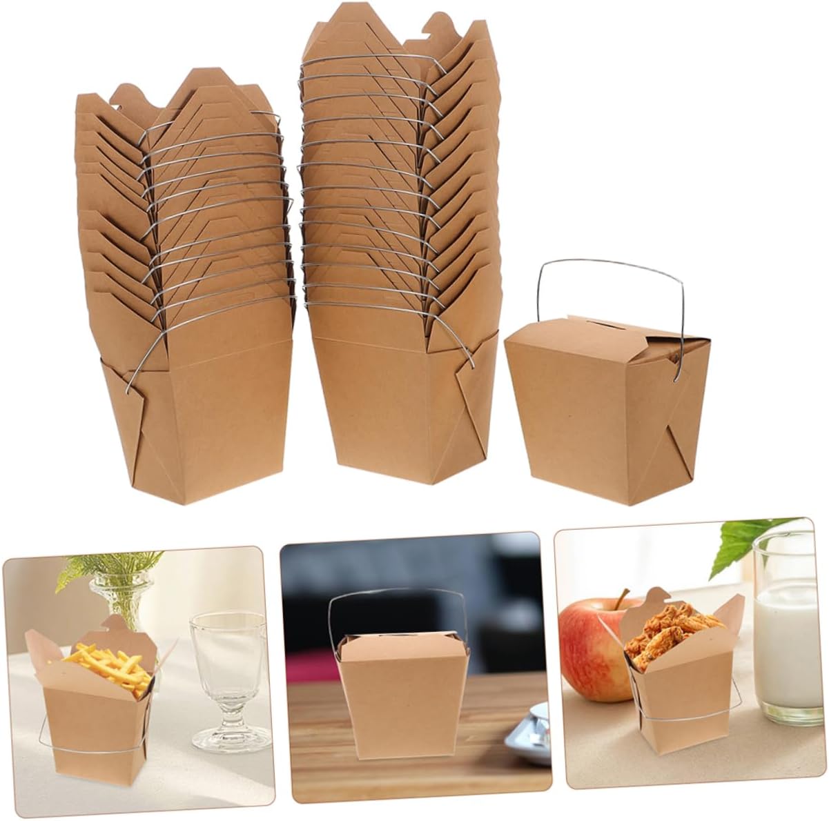 Ciieeo 50pcs Handle Paper Takeout Boxes Chinese Food Containers Lids Burger Fries Chicken Packaging Picnic Catering Office Lunch Box