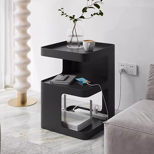 Miniatura 2 de Mesa auxiliar de metal, mesa auxiliar moderna con almacenamiento, mesita de noche negra, mesita de noche, mesa decorativa para dormitorio, sala de