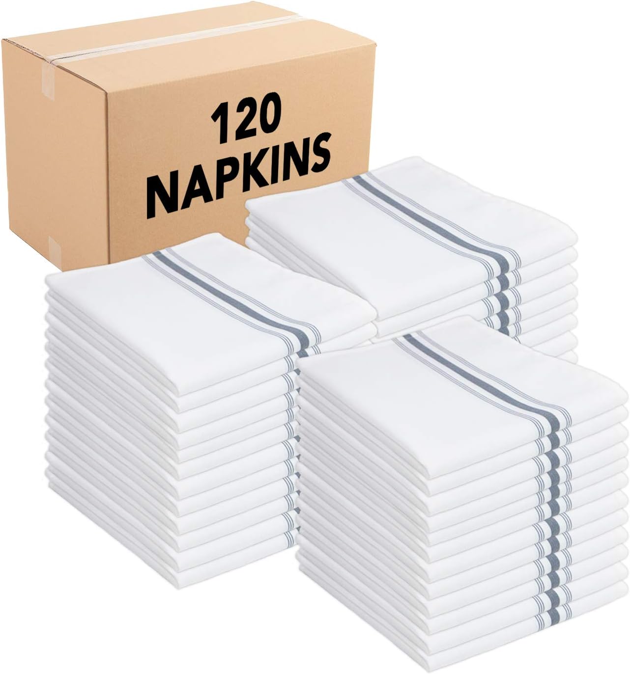 Arkwright Bistro Dinner Cloth Napkins - (Case of 120) Absorbent, Soft, and Washable Professional Restaurant Quality Bulk Table Linen with French Stripes, 18 x 22 in, Grey